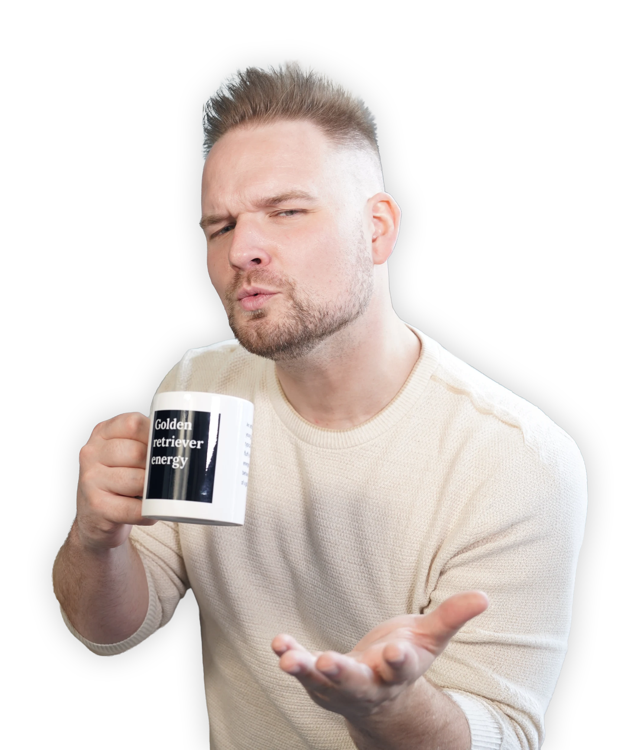 Michael Turnbull sipping from a mug that says golden retriever energy